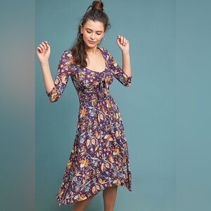 Floral Purple Midi Dress with Tie Front